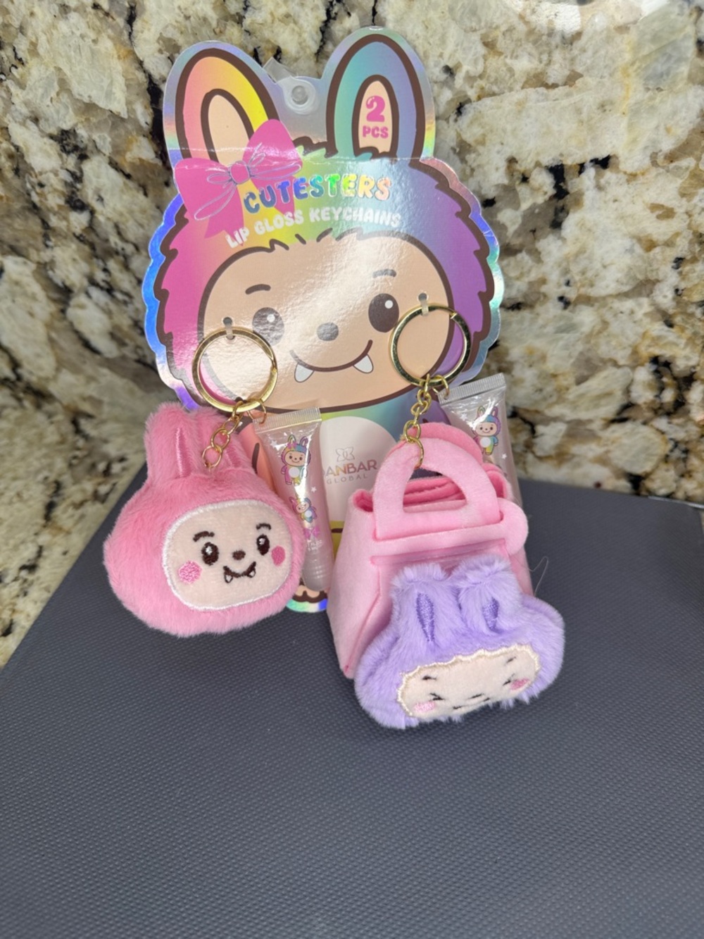 NWT 2pc Cutesters Plush bag and 2 Lip Gloss Keychain Set - Pink & Purple